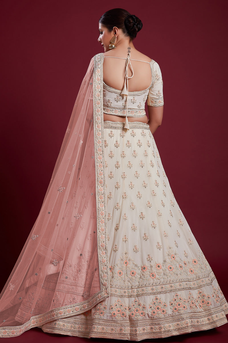 Enchanting White Georgette Lehenga With Intricate Embroidered and Thread Work