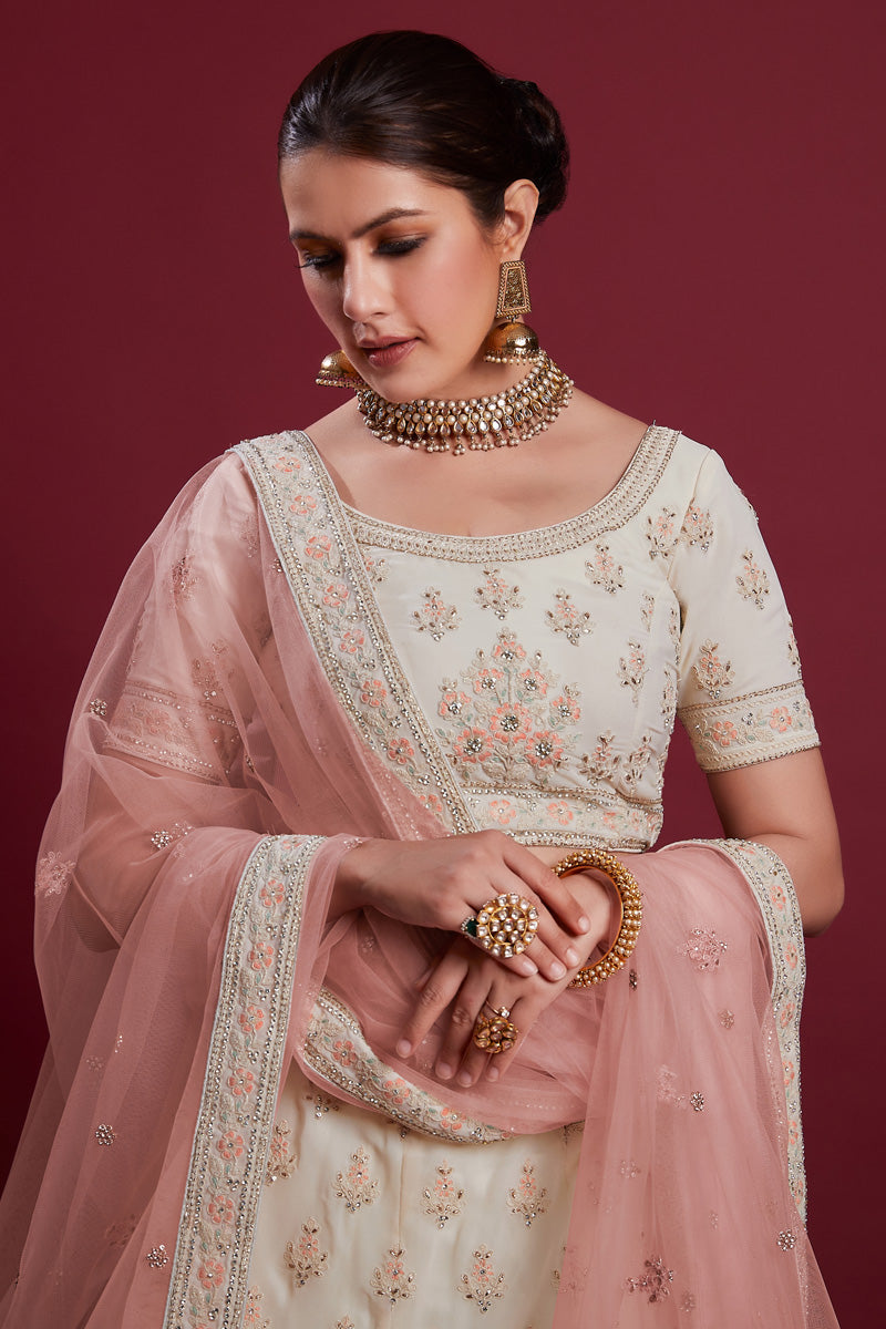 Enchanting White Georgette Lehenga With Intricate Embroidered and Thread Work