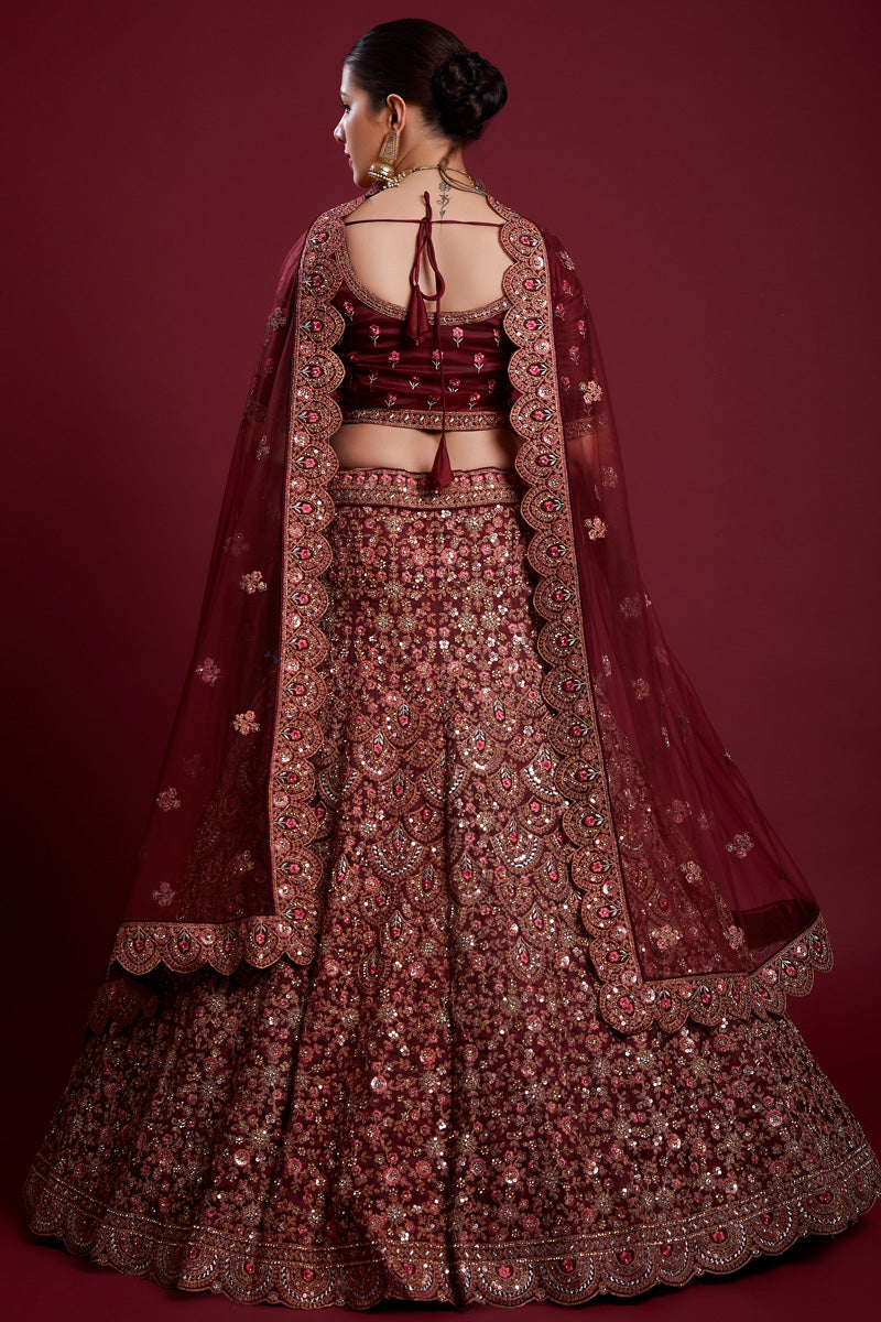 Stunning Burgundy Color Net Lehenga With Thread Work and Zarkan Work