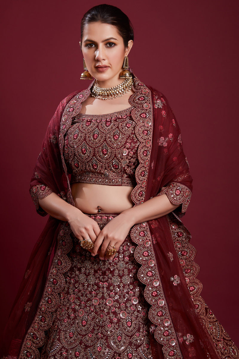 Stunning Burgundy Color Net Lehenga With Thread Work and Zarkan Work