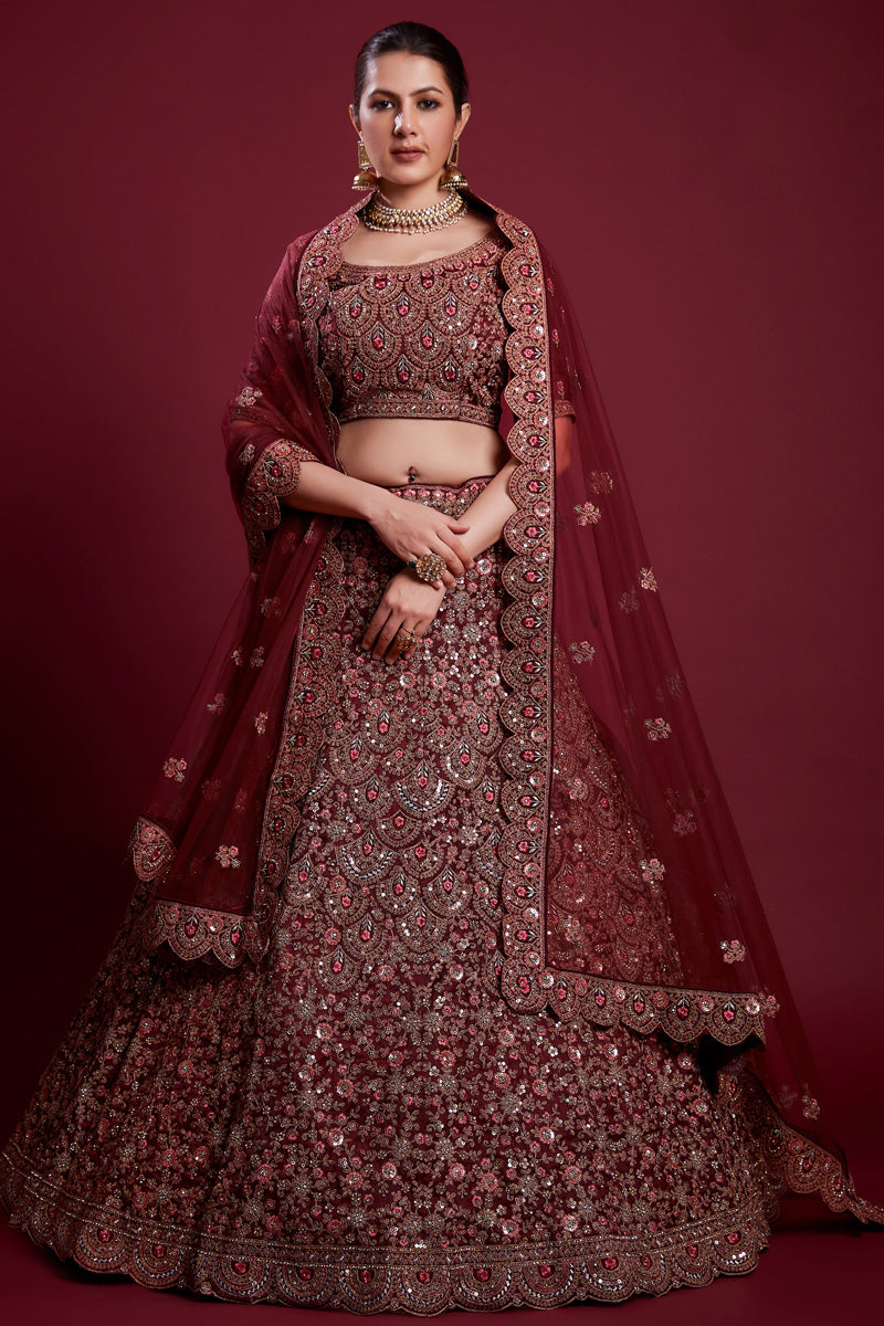 Stunning Burgundy Color Net Lehenga With Thread Work and Zarkan Work