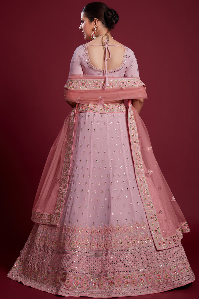 Majestic Pink Georgette Lehenga With Intricate Embroidered and Zarkan Work