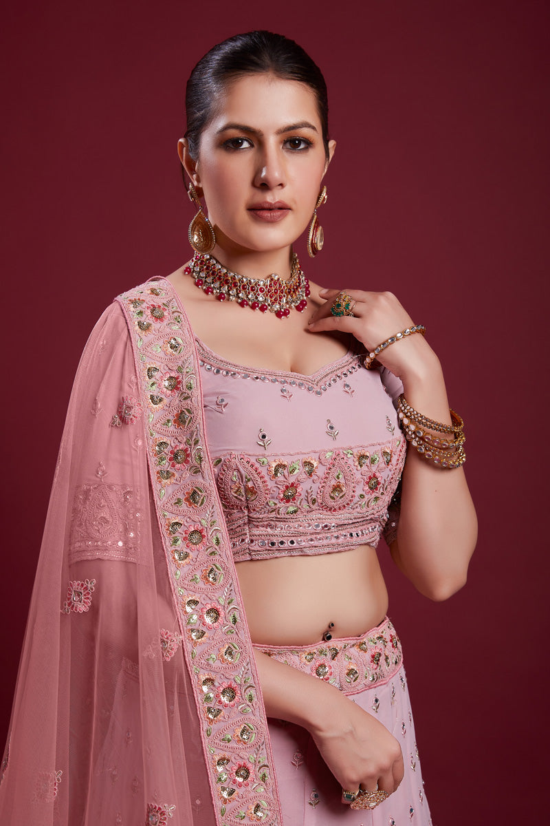 Majestic Pink Georgette Lehenga With Intricate Embroidered and Zarkan Work