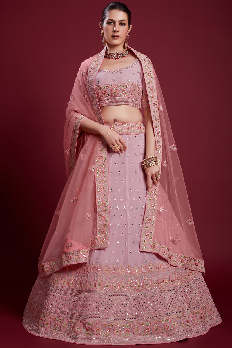 Majestic Pink Georgette Lehenga With Intricate Embroidered and Zarkan Work