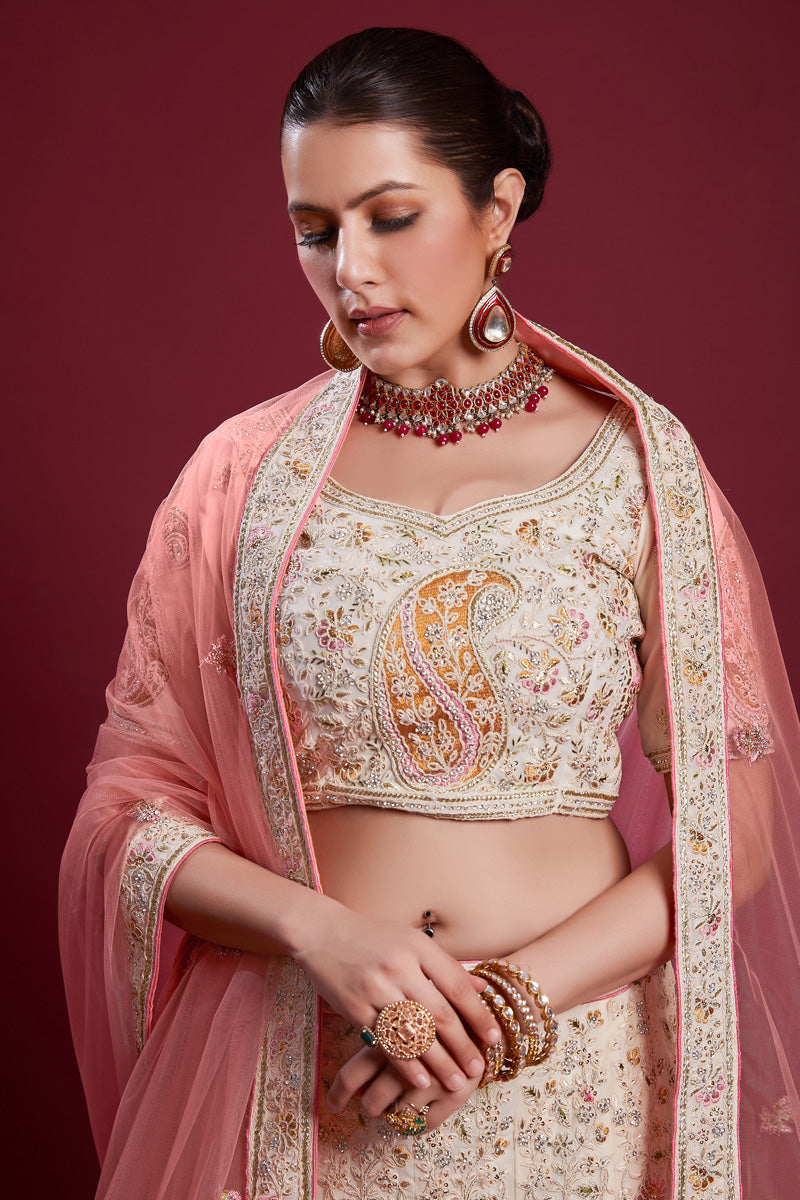 Radiant Off White Georgette Lehenga With Embroidered and Thread Work