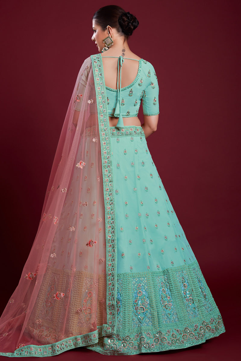 Stunning Cyan Color Georgette Lehenga With Zarkan Embellishments for Wedding