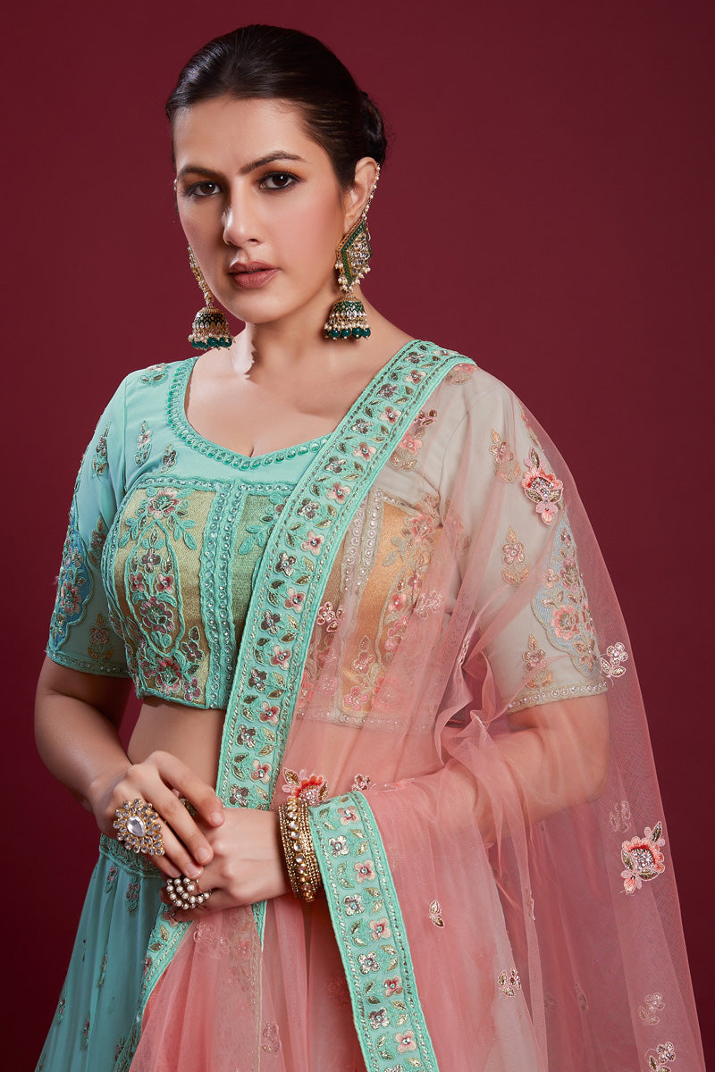 Stunning Cyan Color Georgette Lehenga With Zarkan Embellishments for Wedding