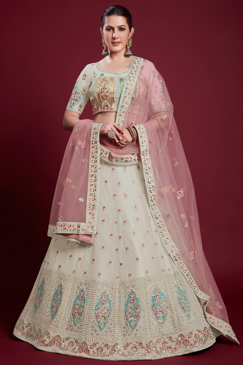 Luxurious Off White Georgette Lehenga With Fine Embroidered for Special Occasions