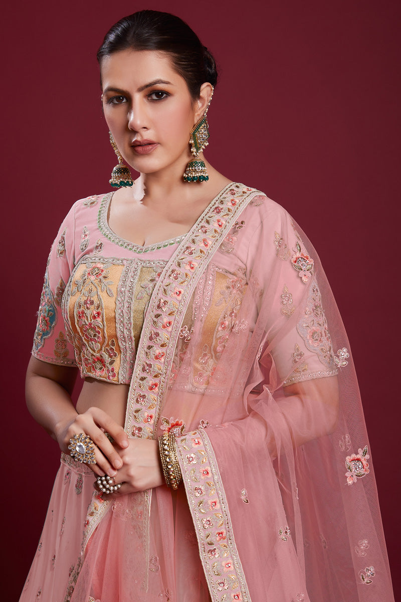 Beautiful Pink Georgette Lehenga With Sparkling Zarkan Work for Wedding