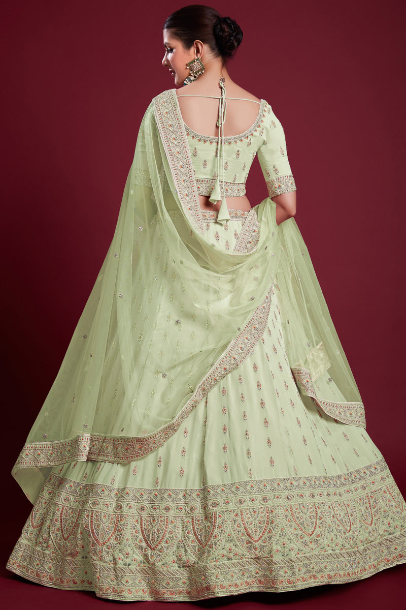 Majestic Sea Green Georgette Lehenga With Fine Thread Work and Zarkan Work