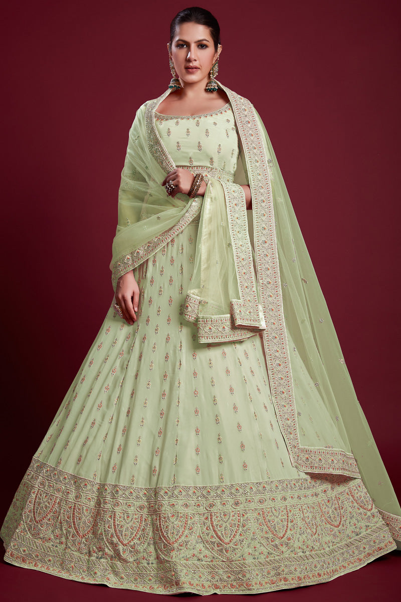 Majestic Sea Green Georgette Lehenga With Fine Thread Work and Zarkan Work