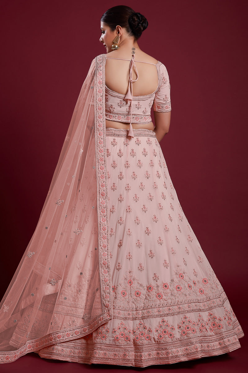 Peach Color Royal Georgette Lehenga With Rich Embroidery and Zarkan Work for Wedding Ceremonie
