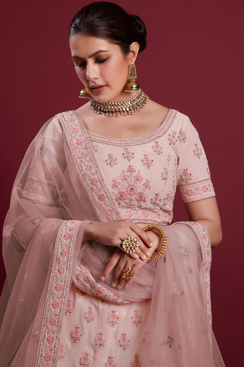 Peach Color Royal Georgette Lehenga With Rich Embroidery and Zarkan Work for Wedding Ceremonie