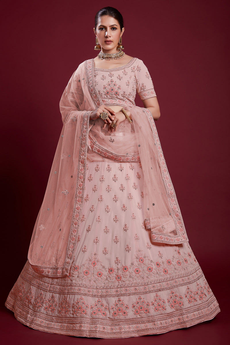 Peach Color Royal Georgette Lehenga With Rich Embroidery and Zarkan Work for Wedding Ceremonie