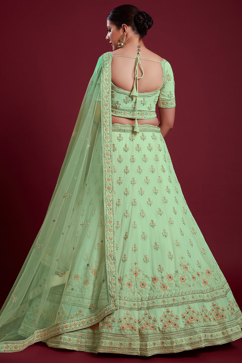 Radiant Sea Green Georgette Lehenga With Sparkling Zarkan Embellishments for Special Occasions