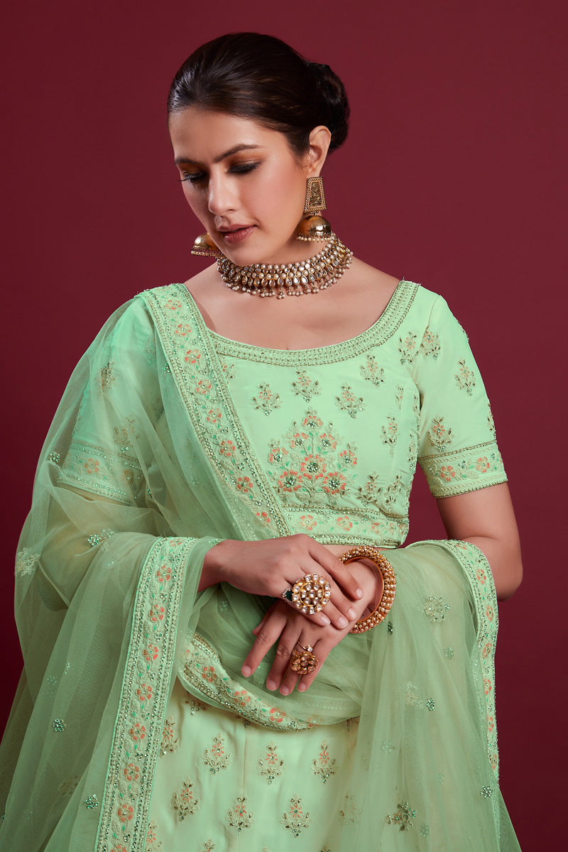 Radiant Sea Green Georgette Lehenga With Sparkling Zarkan Embellishments for Special Occasions