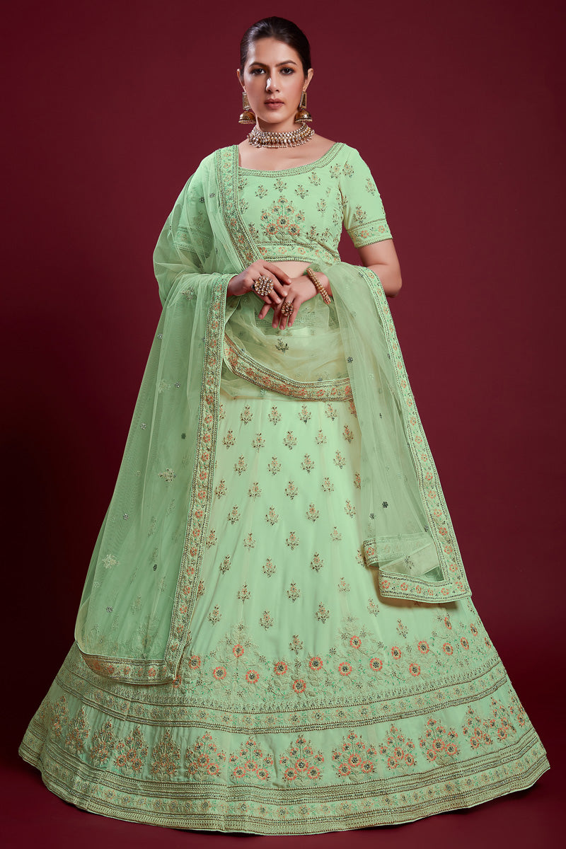 Radiant Sea Green Georgette Lehenga With Sparkling Zarkan Embellishments for Special Occasions