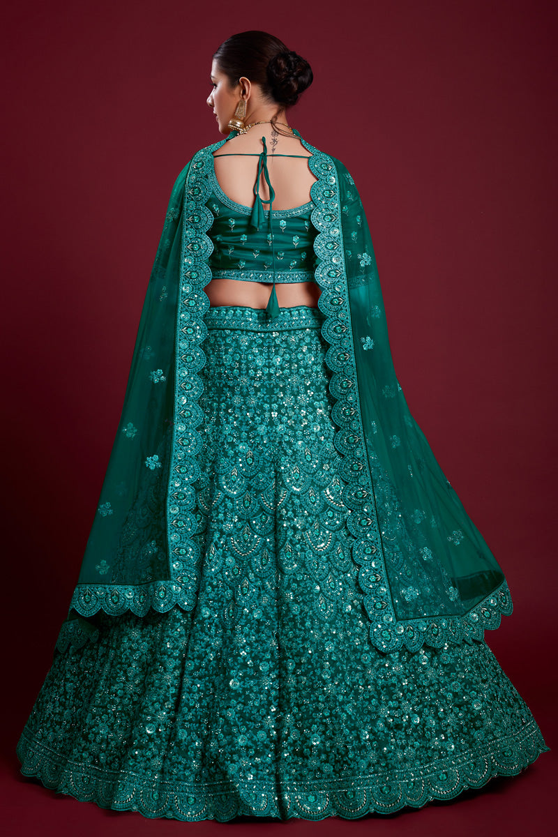 Wedding Net Teal Color Lehenga With Zarkan Work