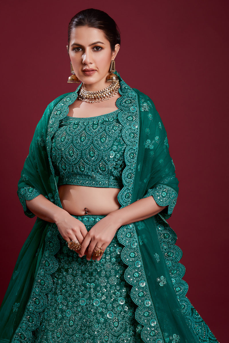 Wedding Net Teal Color Lehenga With Zarkan Work