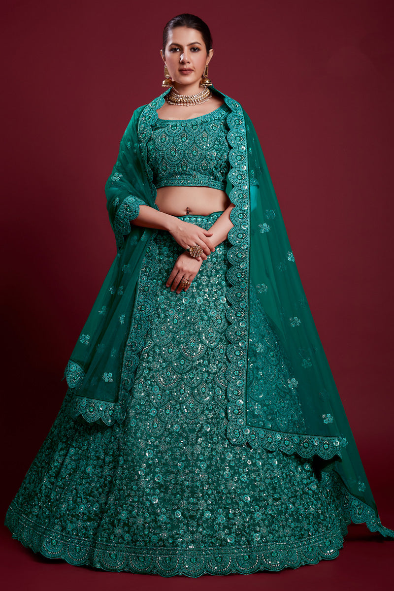 Wedding Net Teal Color Lehenga With Zarkan Work