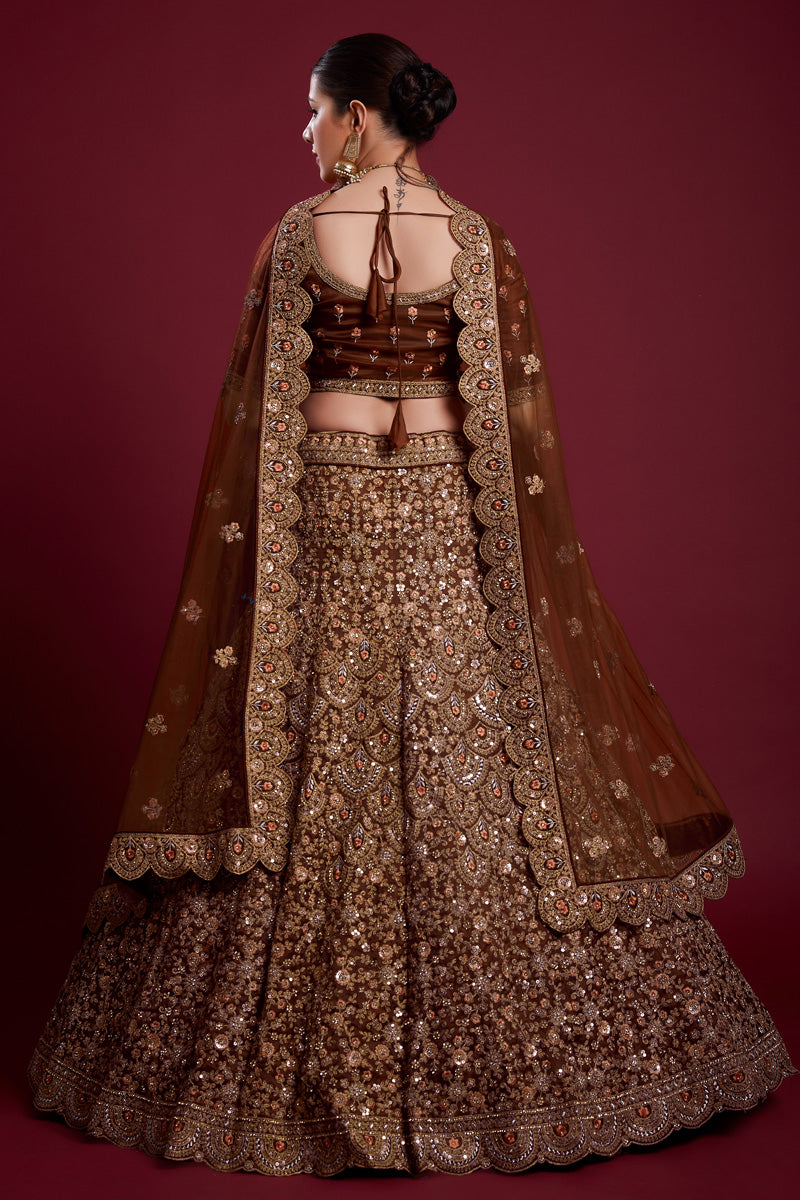 Floral Net Brown Lehenga With Embroidered And Thread Work