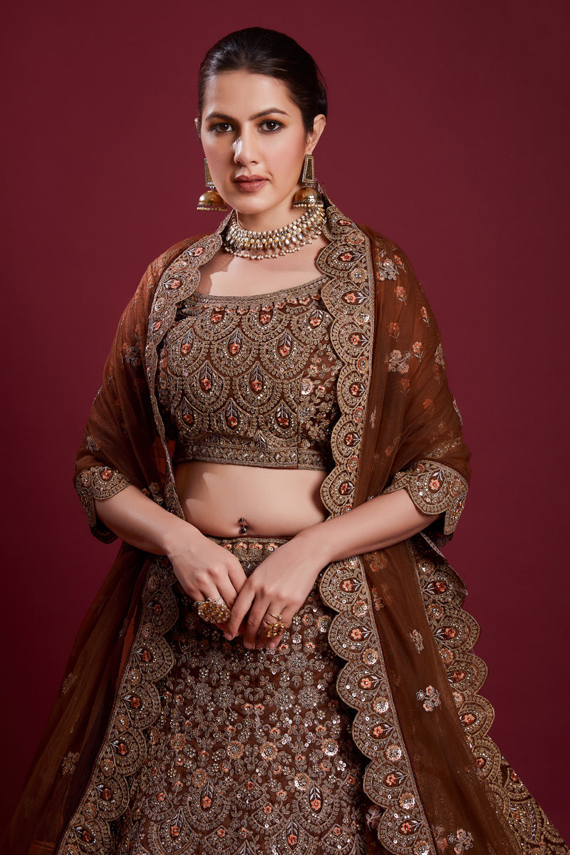 Floral Net Brown Lehenga With Embroidered And Thread Work