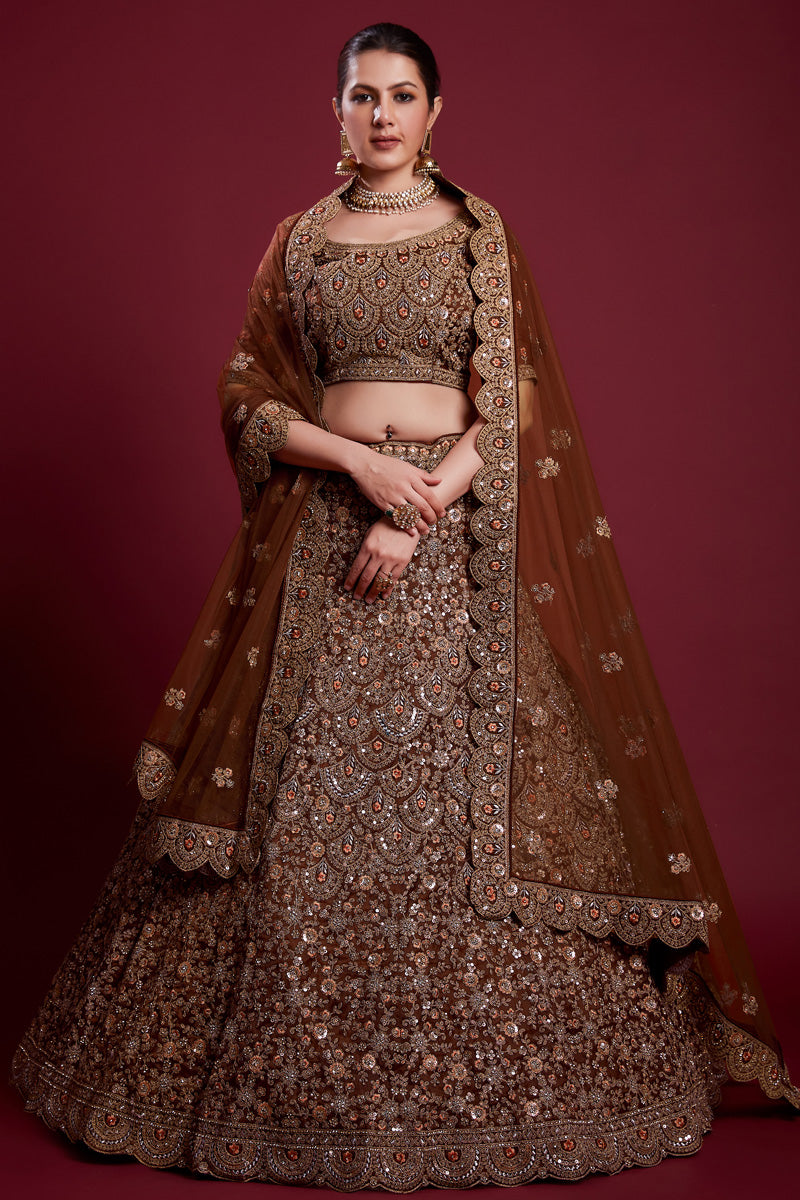 Floral Net Brown Lehenga With Embroidered And Thread Work