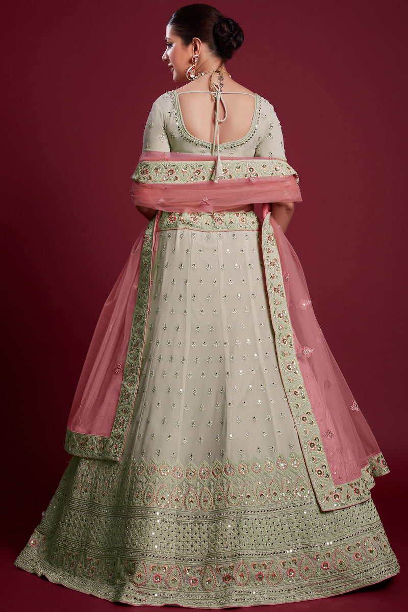 Traditional Georgette Olive Color Lehenga With Embroidered And Thread Work