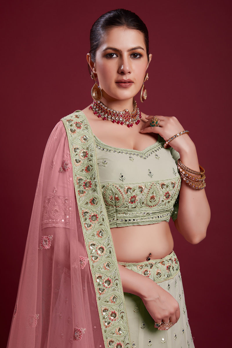 Traditional Georgette Olive Color Lehenga With Embroidered And Thread Work