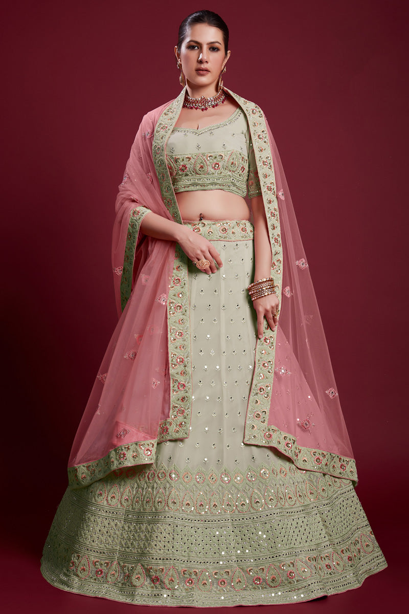 Traditional Georgette Olive Color Lehenga With Embroidered And Thread Work