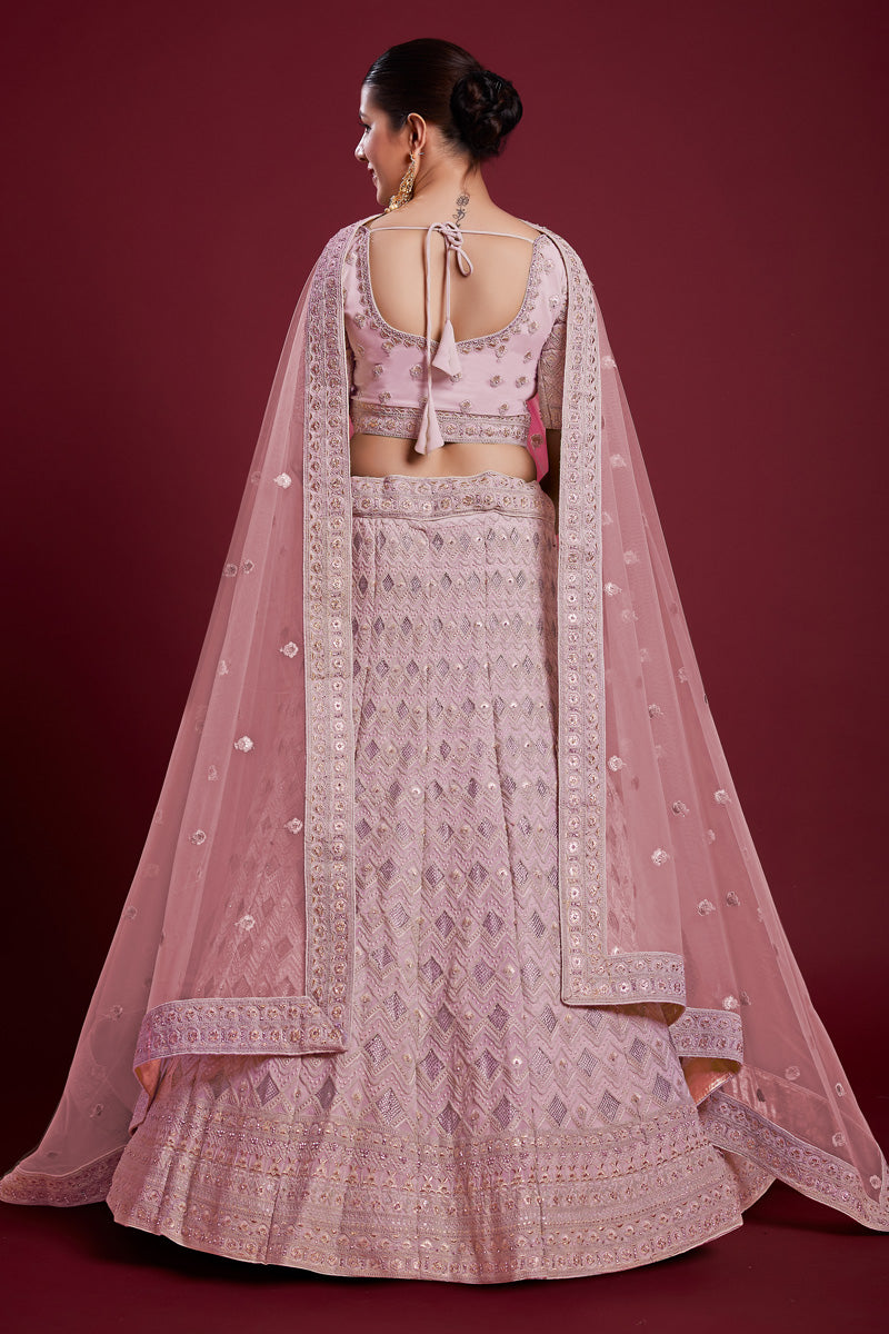 Regal Wedding Function Pink Georgette Lehenga With Embroidered And Thread Work
