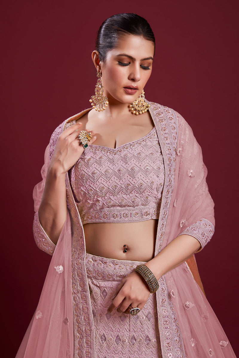 Regal Wedding Function Pink Georgette Lehenga With Embroidered And Thread Work