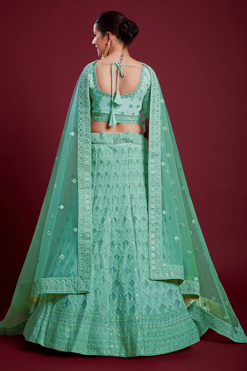 Radiant Sea Green Georgette Lehenga With Zarkan Work