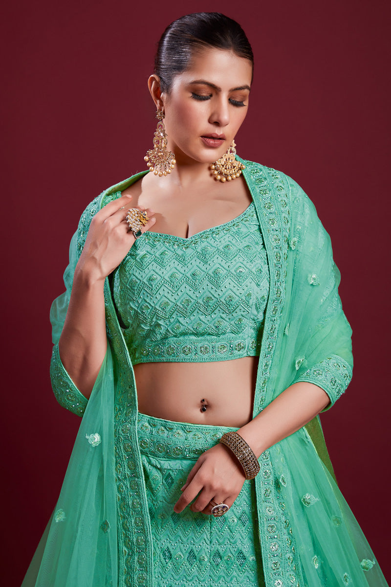 Radiant Sea Green Georgette Lehenga With Zarkan Work