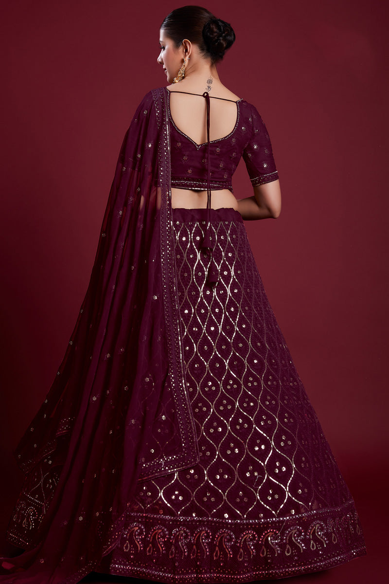 Ravishing Wine Color Georgette Lehenga With Embroidered for Wedding