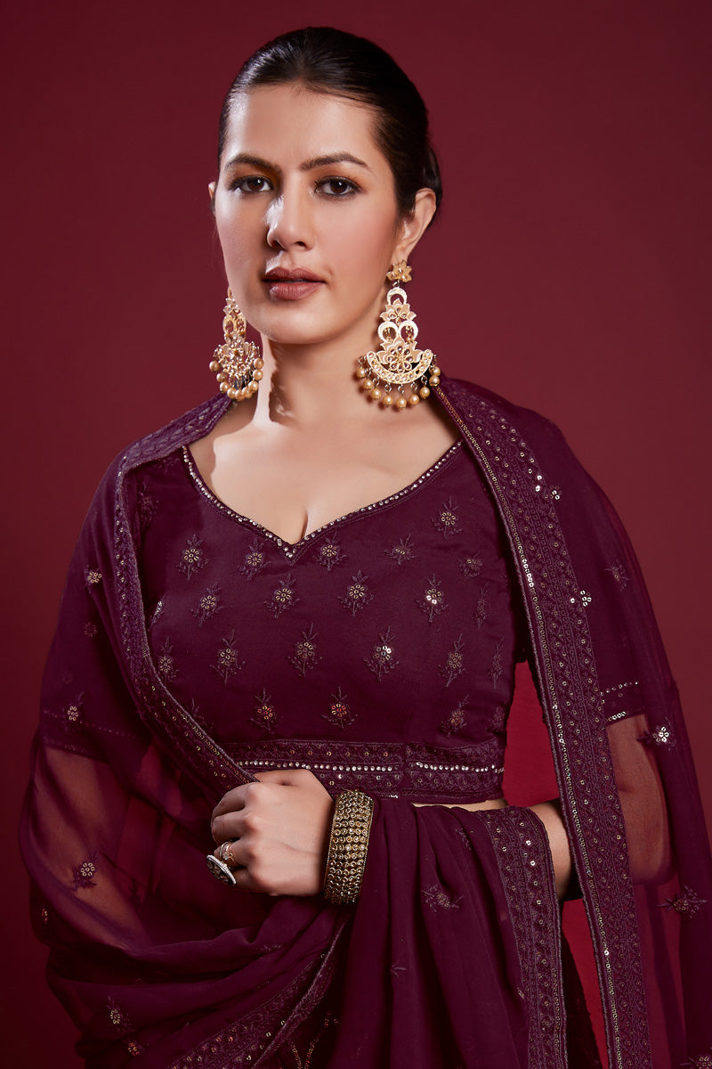 Ravishing Wine Color Georgette Lehenga With Embroidered for Wedding