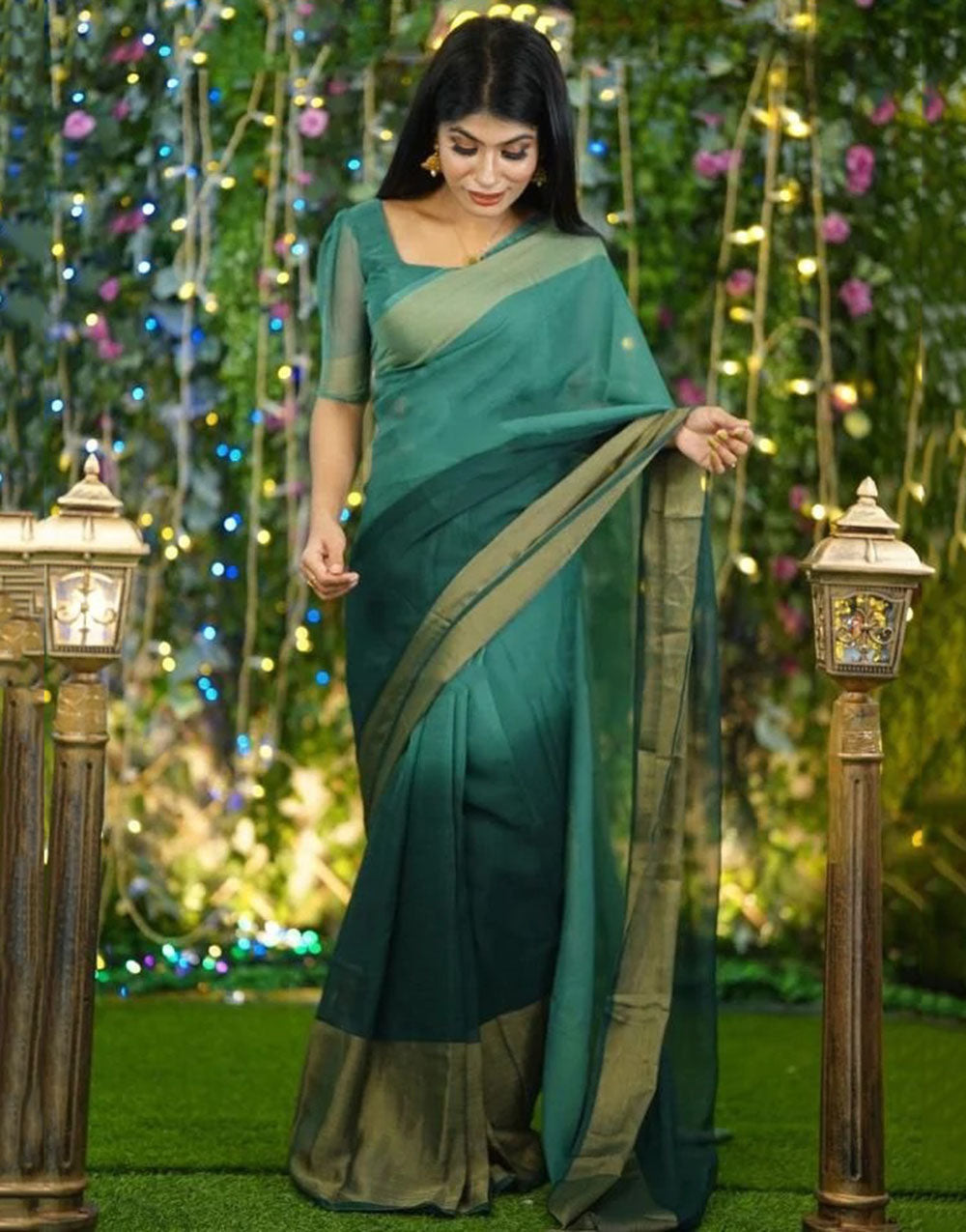 1 Min In Ready To Wear Green Chiffon Silk Two Shad Saree