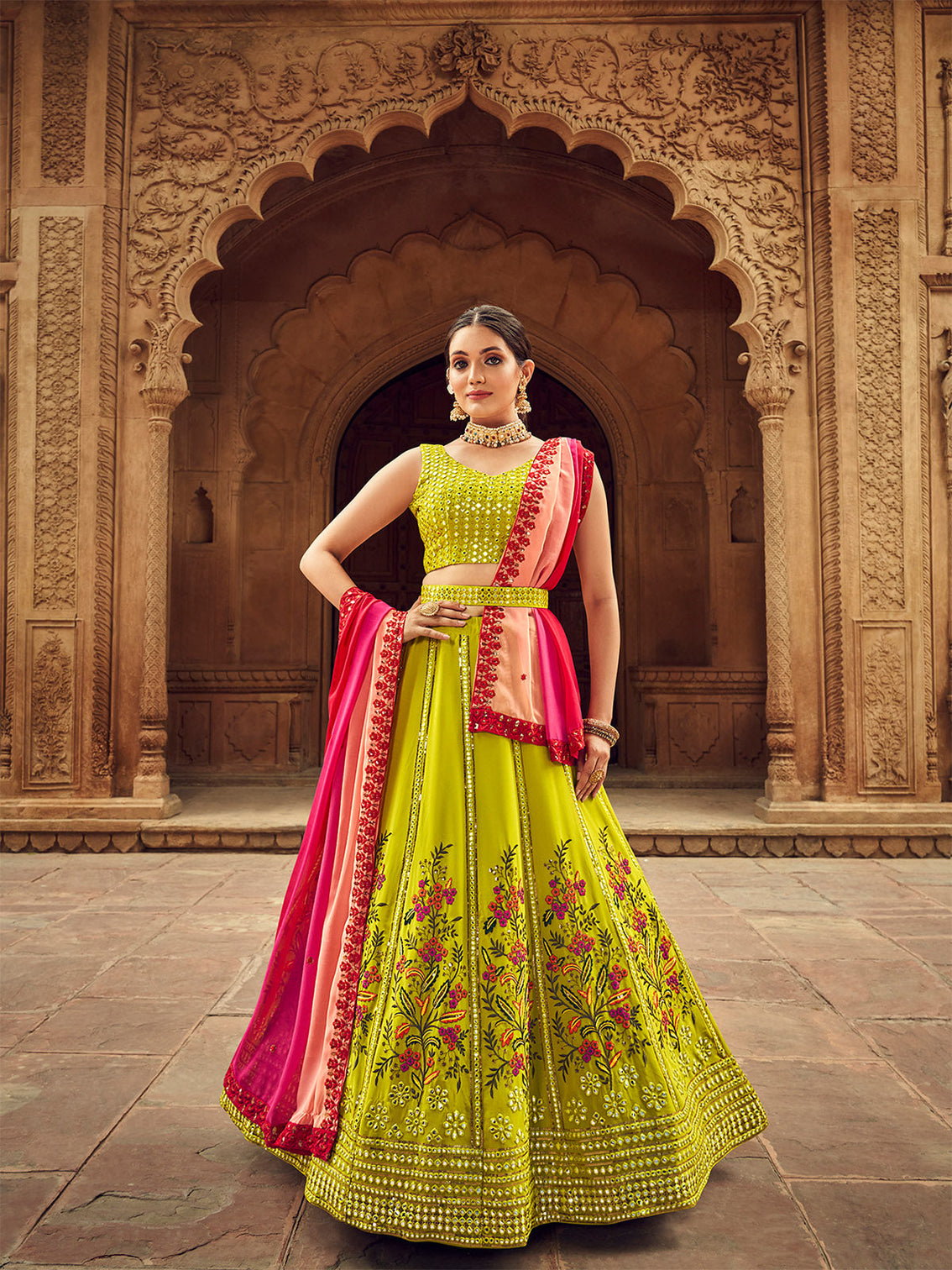 Fluorescent Green Thread And Sequins Embroidered Georgette Festive & Party Wear Semi Stitched Lehenga