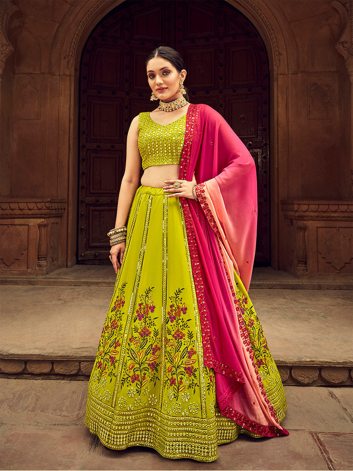Fluorescent Green Thread And Sequins Embroidered Georgette Festive & Party Wear Semi Stitched Lehenga