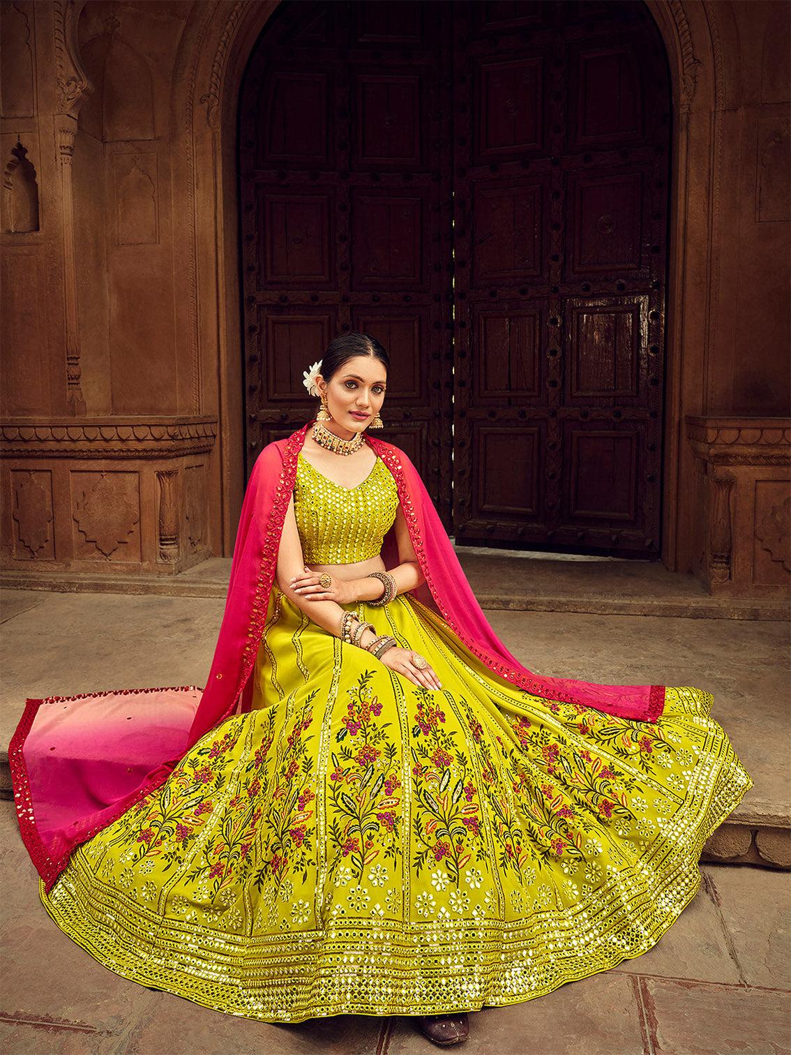 Fluorescent Green Thread And Sequins Embroidered Georgette Festive & Party Wear Semi Stitched Lehenga