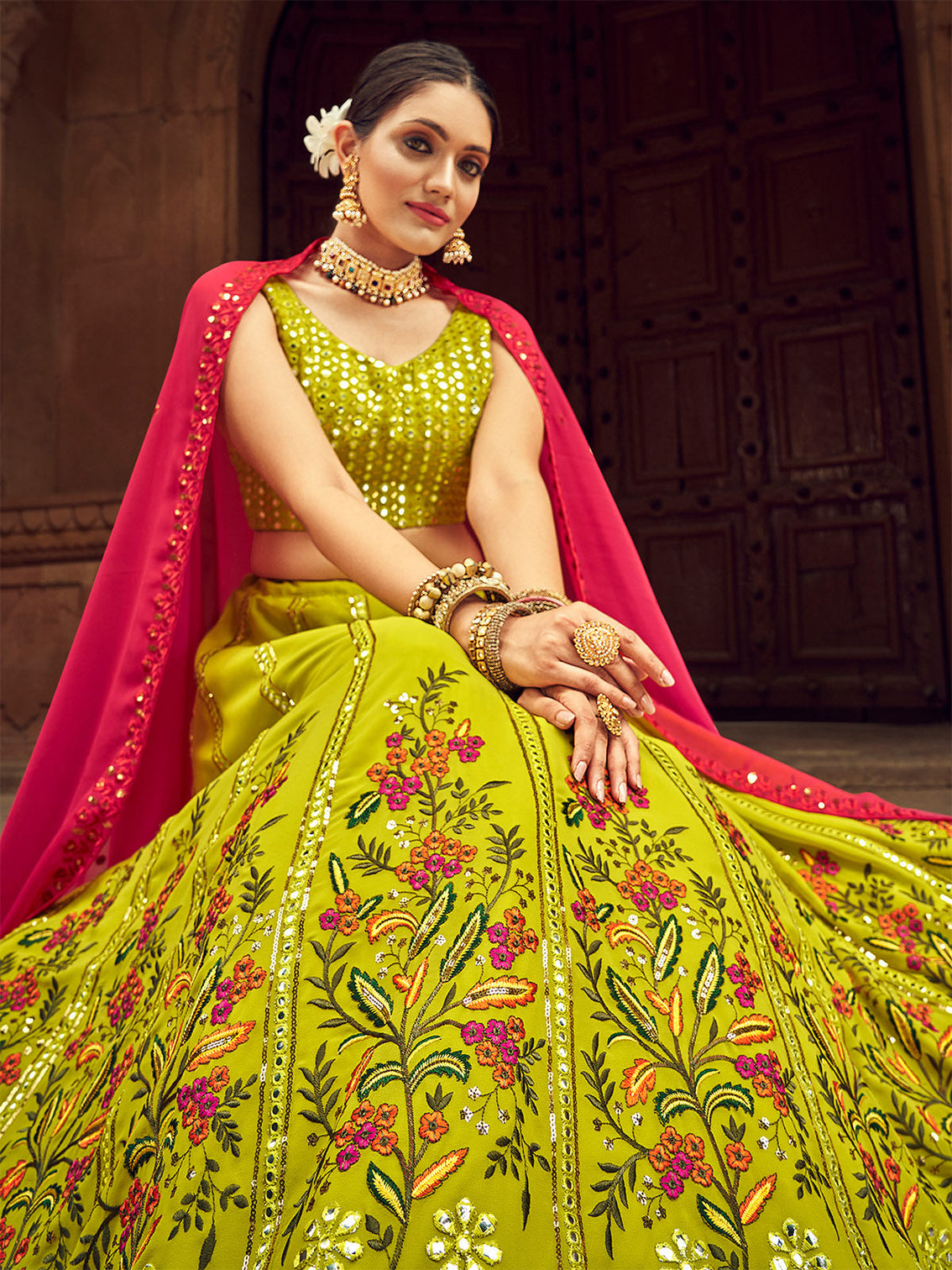 Fluorescent Green Thread And Sequins Embroidered Georgette Festive & Party Wear Semi Stitched Lehenga