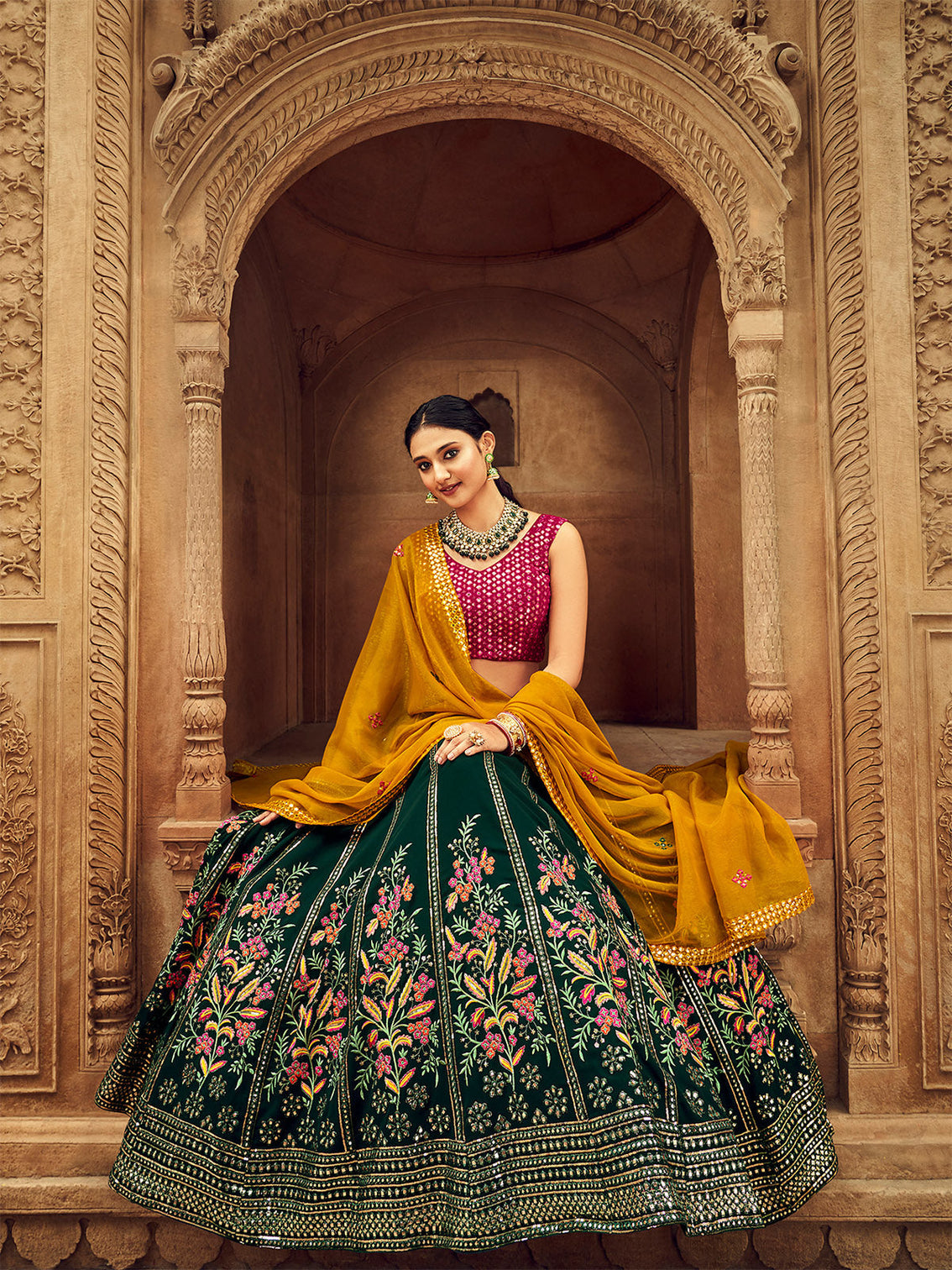 Green Thread And Sequins Embroidered Georgette Festive & Party Wear Semi Stitched Lehenga