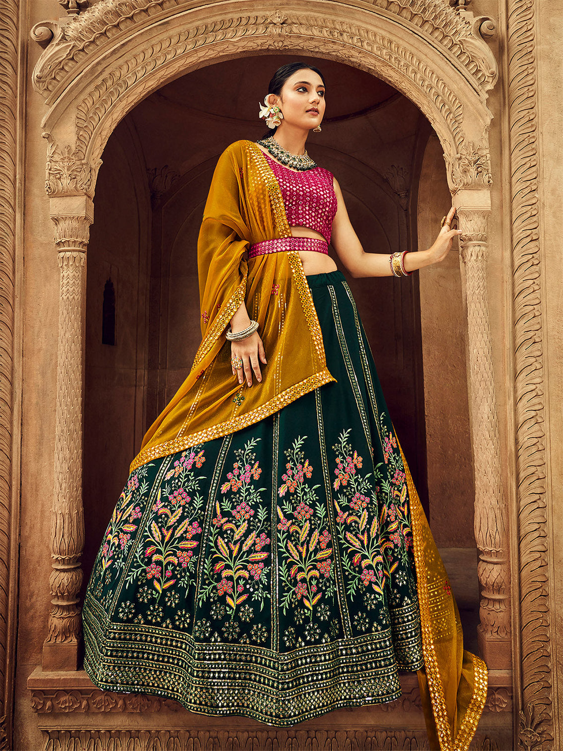 Green Thread And Sequins Embroidered Georgette Festive & Party Wear Semi Stitched Lehenga