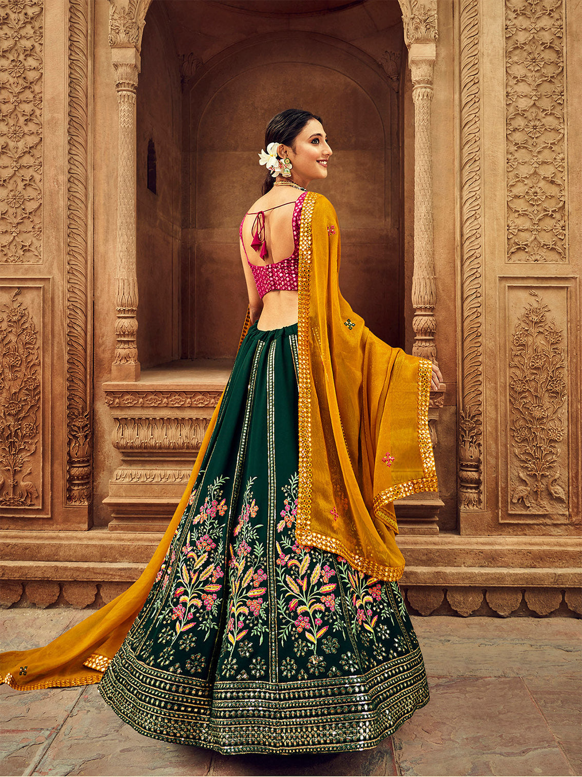 Green Thread And Sequins Embroidered Georgette Festive & Party Wear Semi Stitched Lehenga