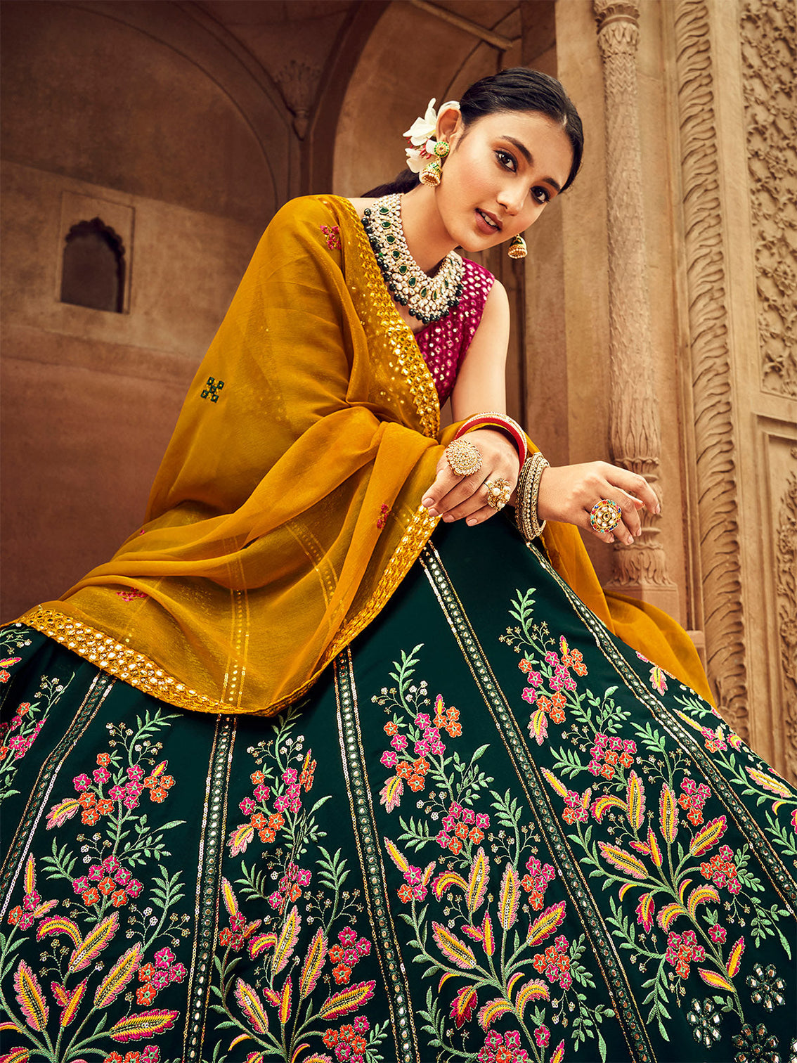 Green Thread And Sequins Embroidered Georgette Festive & Party Wear Semi Stitched Lehenga
