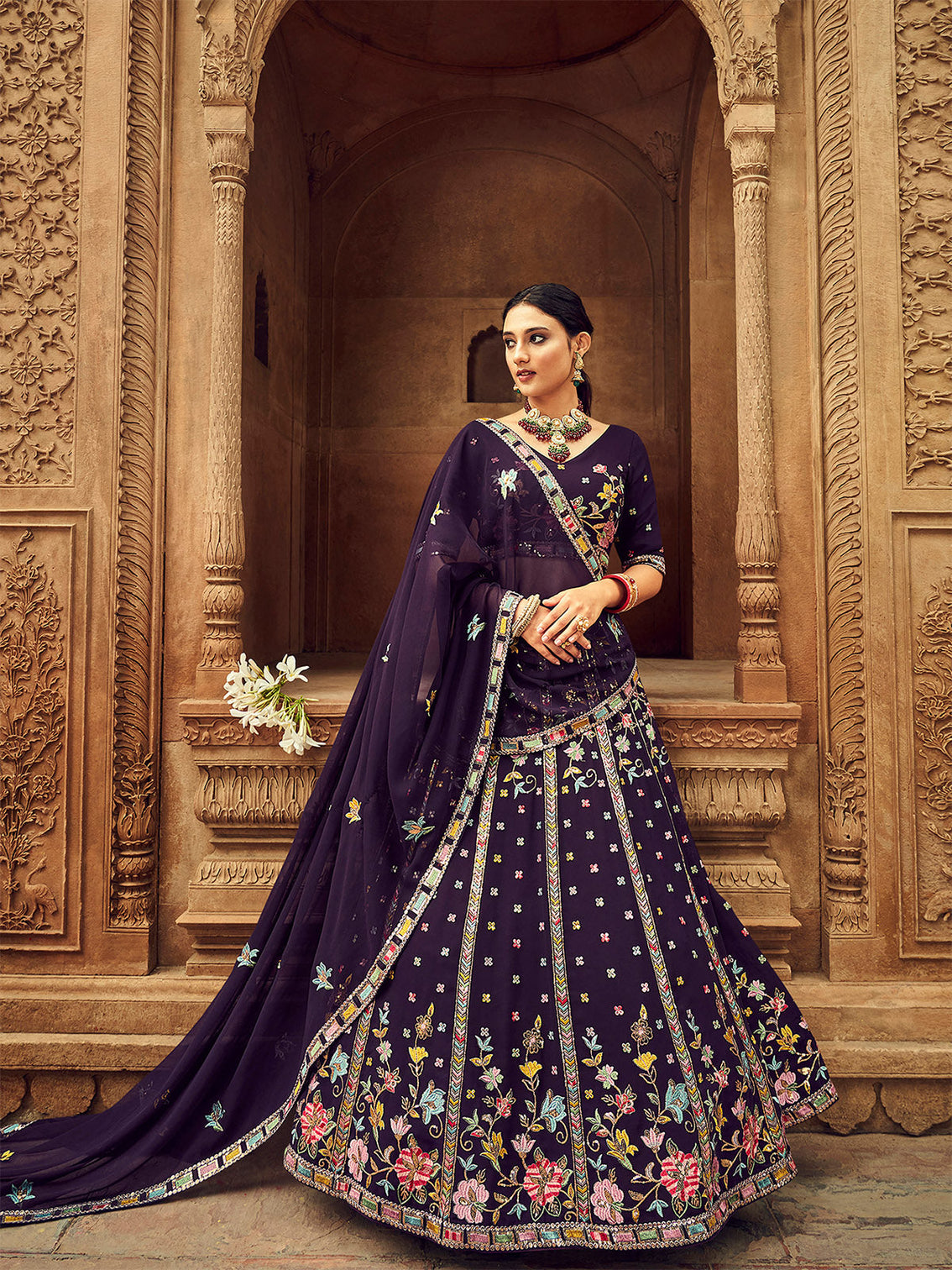 Purple Thread And Sequins Embroidered Georgette Festive & Party Wear Semi Stitched Lehenga
