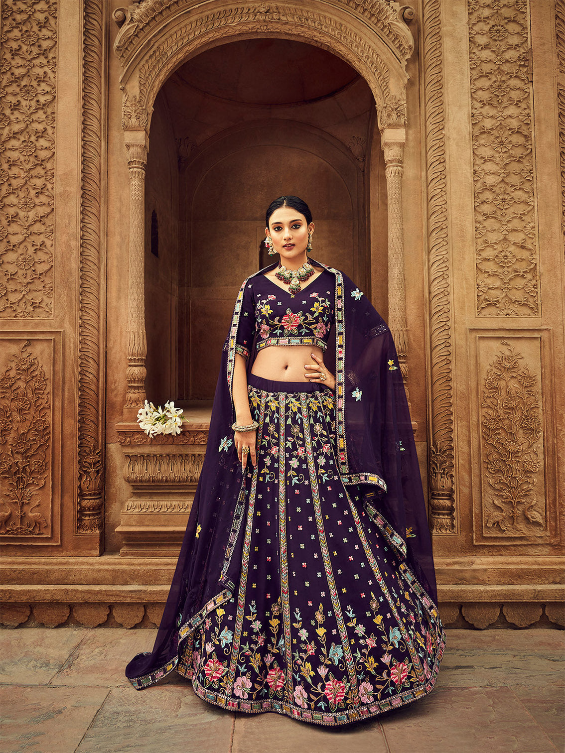 Purple Thread And Sequins Embroidered Georgette Festive & Party Wear Semi Stitched Lehenga