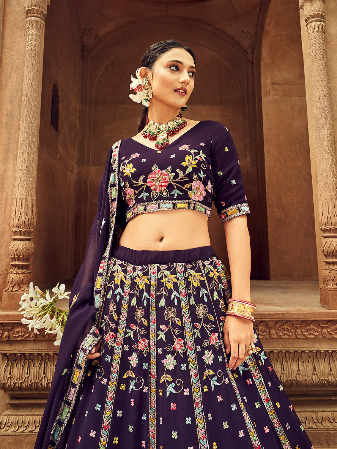 Purple Thread And Sequins Embroidered Georgette Festive & Party Wear Semi Stitched Lehenga