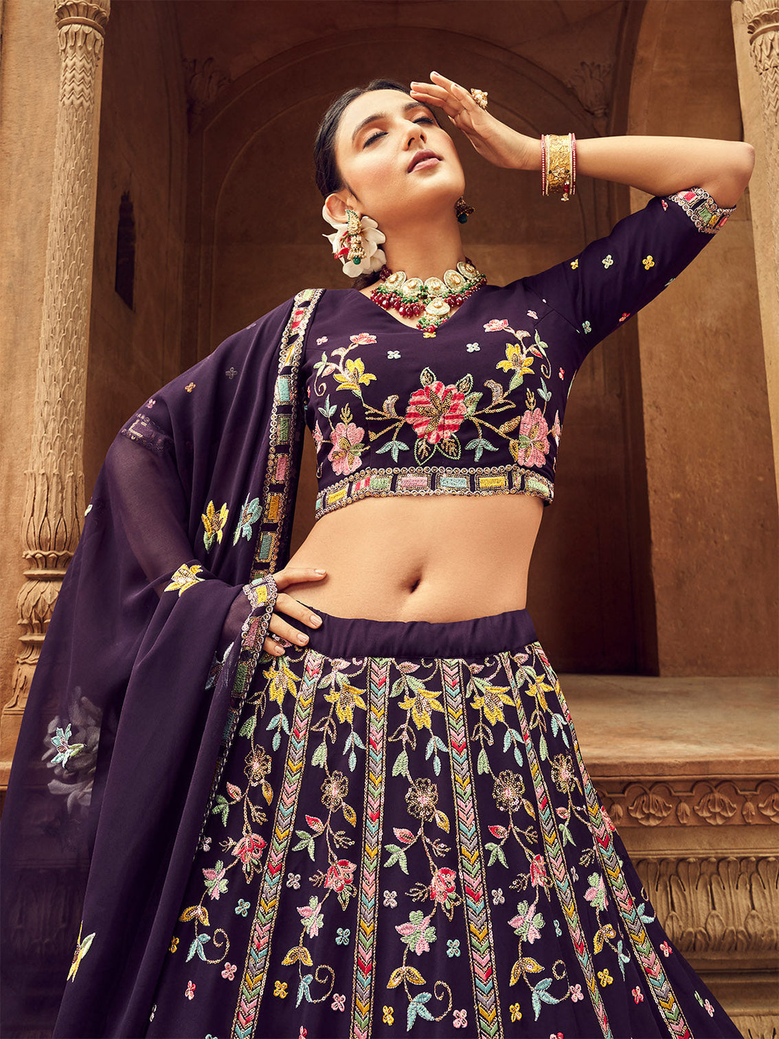 Purple Thread And Sequins Embroidered Georgette Festive & Party Wear Semi Stitched Lehenga