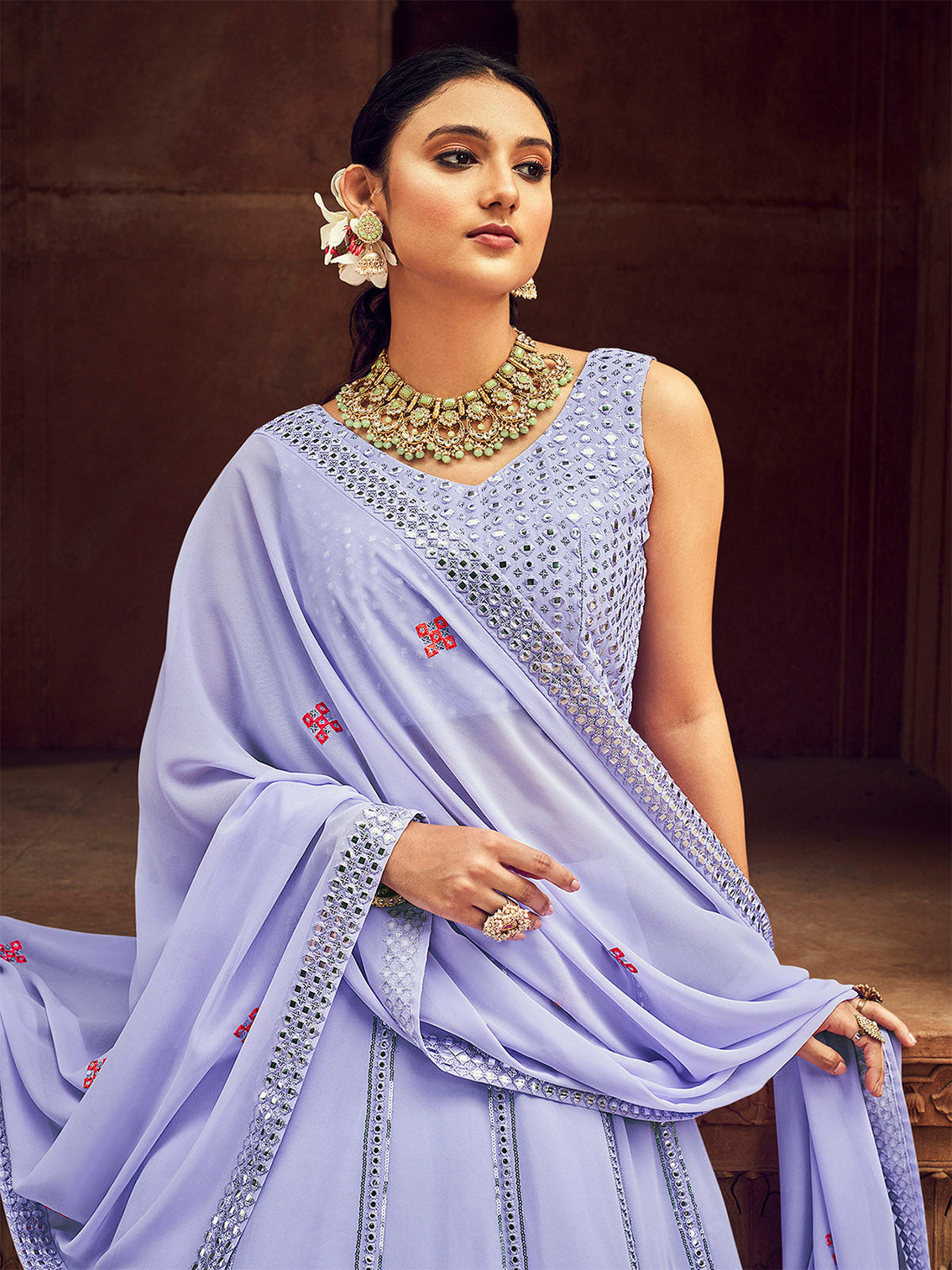 Lavender Thread And Sequins Embroidered Georgette Festive & Party Wear Semi Stitched Lehenga